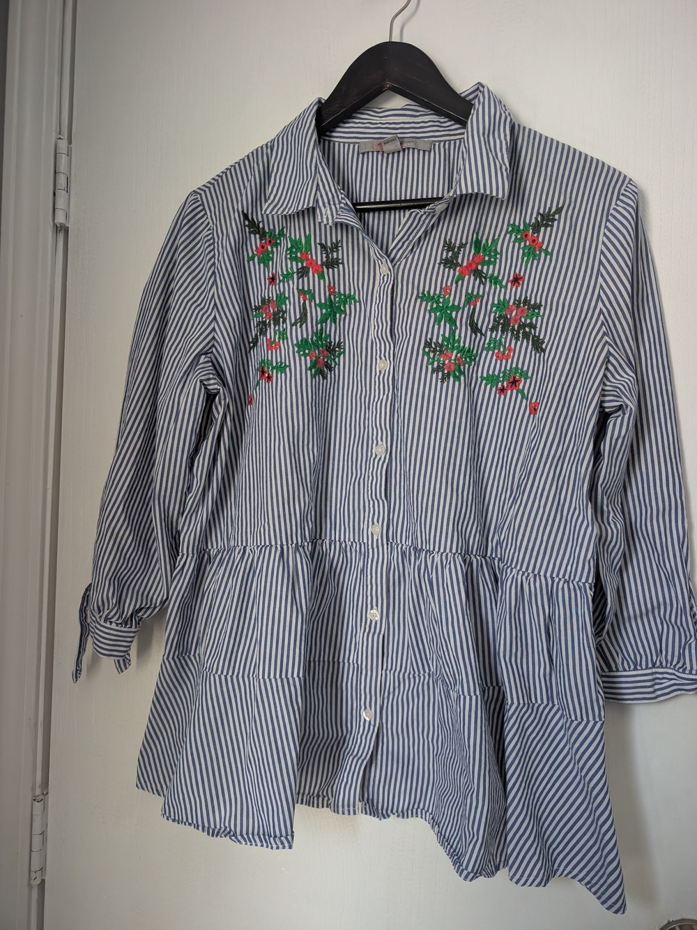 Striped Blue & White Embroidered Women's Button-Down Top